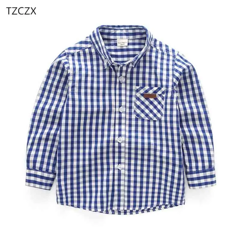 Promoção Chegada Childring Camisas Casuais xadrez de manga cheia Roupas de meninos para 3-10 anos Crianças desgaste 210713