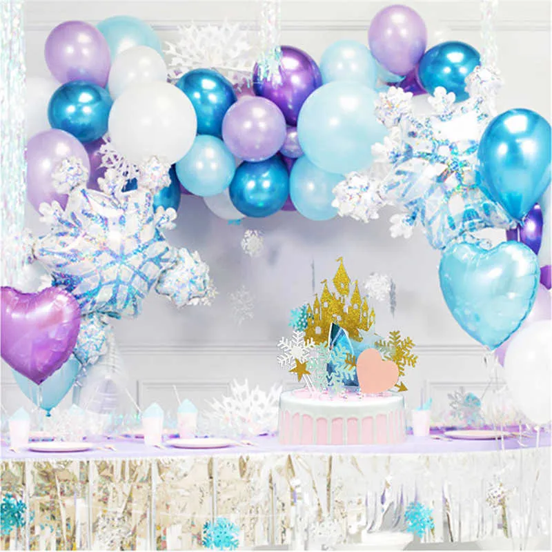 Kit Décoration Anniversaire Reine Des Neiges – 139 Pièces : Ballons, Guirlande, Arche, Flocons… – Thème Frozen Bleu Violet – Pour Fête Enfant