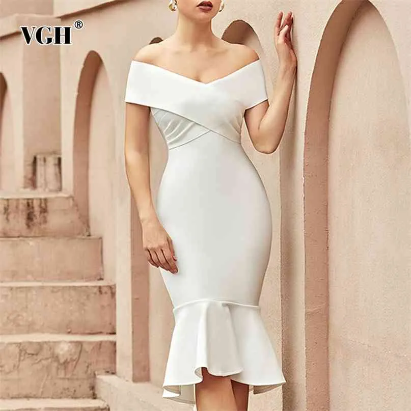 Сексуальное белое платье для женщин Slash шеи с коротким рукавом высокая талия асимметричные платья MIDI женские летние мода 210531