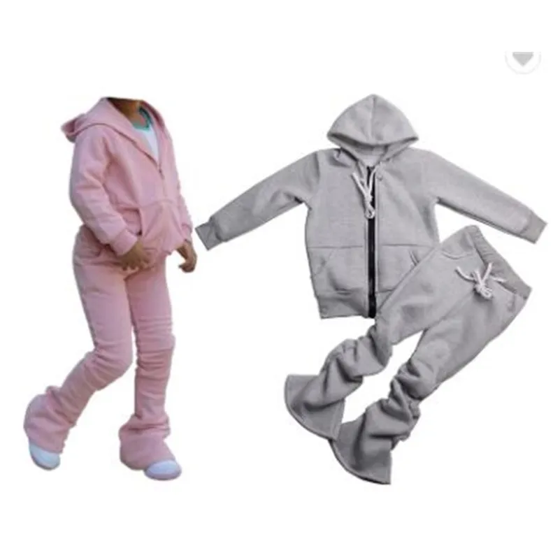 Solid Färg Zipper Jogger TrackSuit Sweat Suit 2 Piece Sweatsit Byxor Set Girls Kids Jogging Track Suit 210303