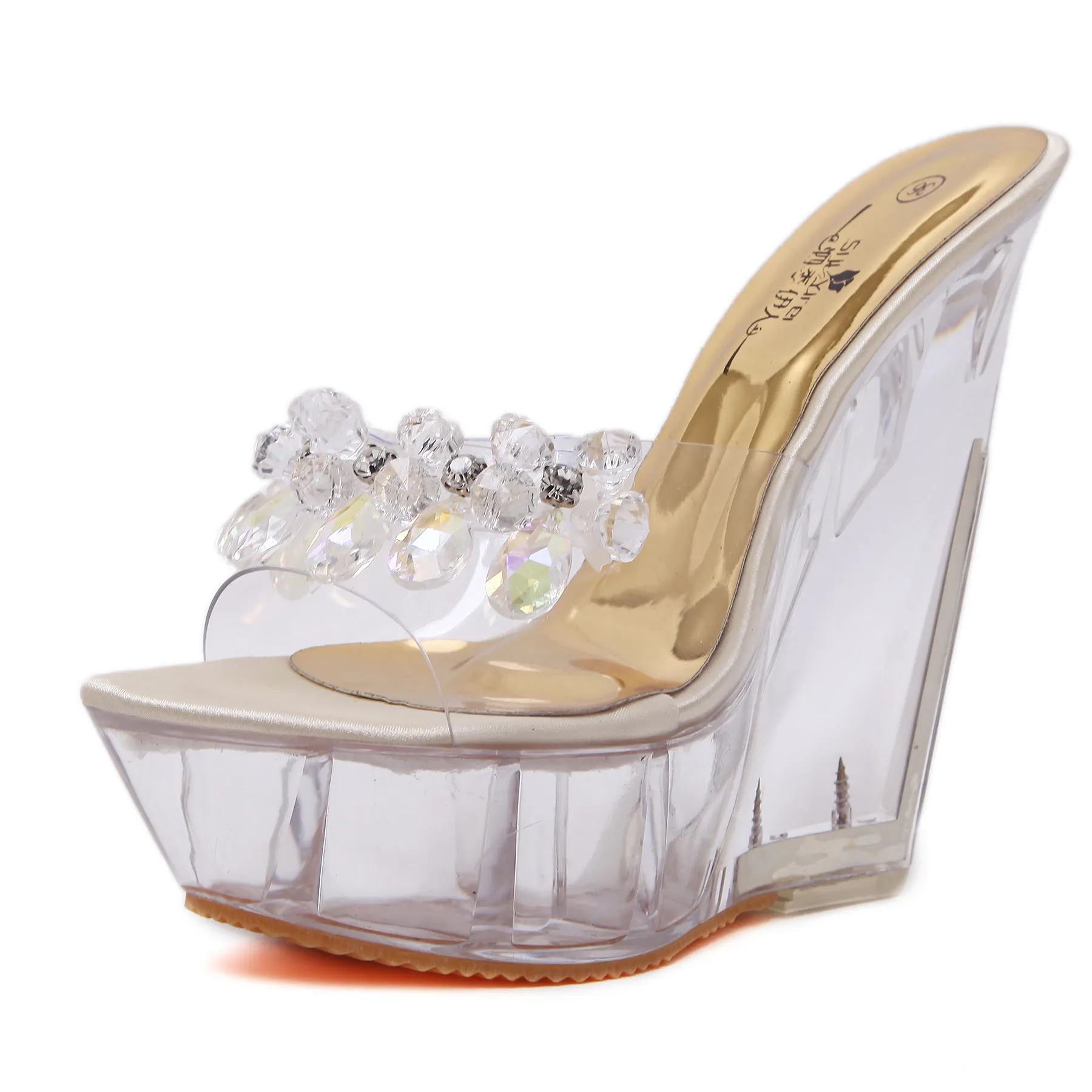 Women High Heels 14CM Wedding Party Shoes Female Sandalias Women Summer Glass Bead Transparent Platform Wedges Sandals J2023