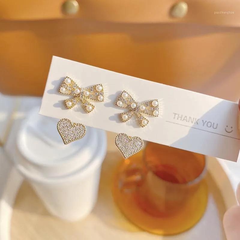 Stud Korea Ontwerp Mode-sieraden Zirkoon 925 Zilveren Naald 14K Echt Gouden Oorbellen Elegante Boog Liefde Parel Vrouwen