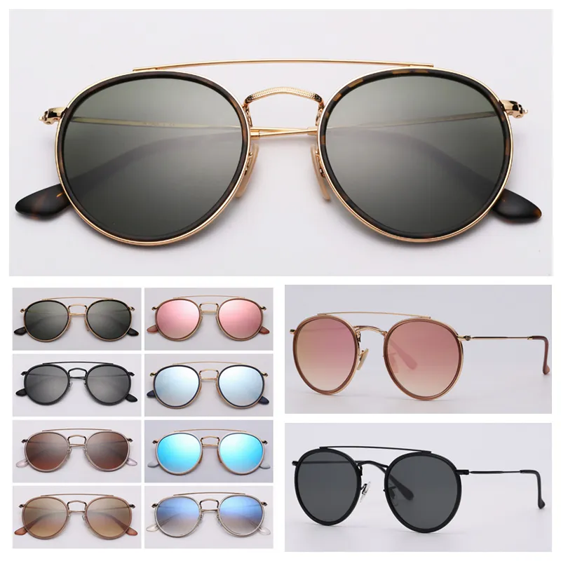 Fashion Round Double Bridge Model Real Top Quality Women Men Sun Glazen met zwart of bruin leren hoes en retailpakket!