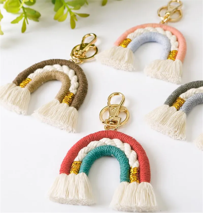 Christmas Rainbow Keychain Macrame WeavingTassel Keychains Car Keyring Holder Jewelry for Bag Wallet Purse Women