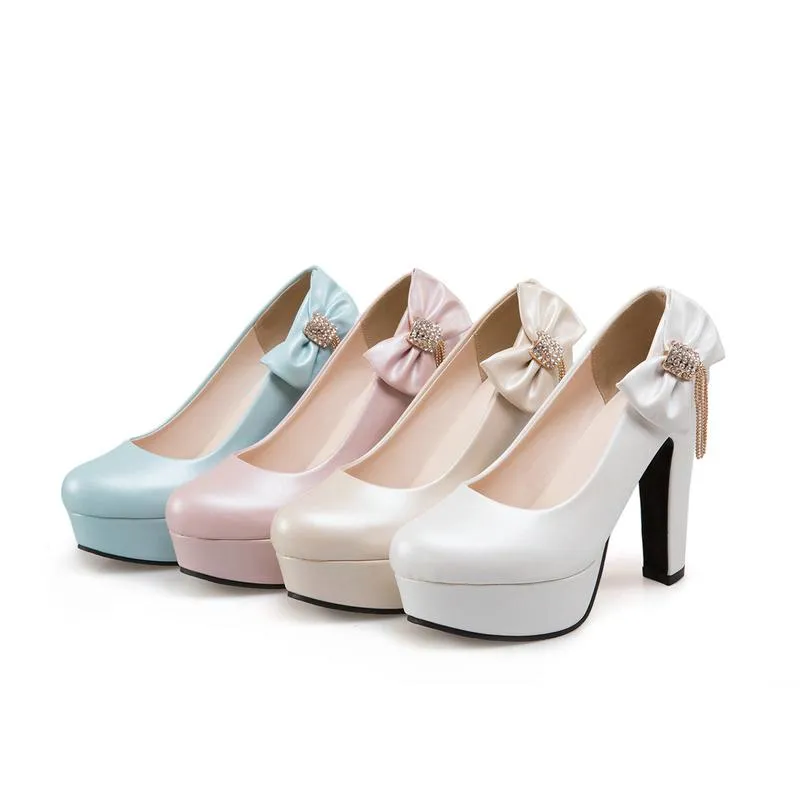 Women Dress Shoes Spring Autumn Round Toe Platform 12CM High Heel Square  Heel with Bow Decoration from Dhgate Dress Shoes - price 78.32