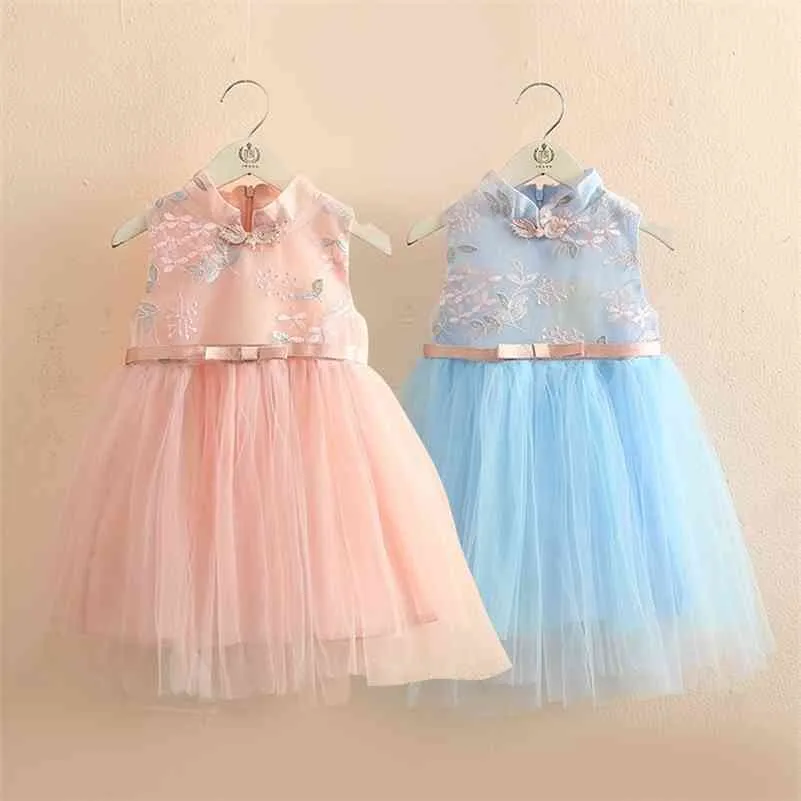 Summer 3-6 8 10 12 Years Child Crew Neck Prom Embroidery Floral Baby Sleeveless Princess Party Girl Lace Chiffon Belt Dress 210701