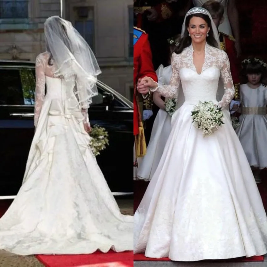 Atemberaubende Brautkleider von Kate Middleton, königliche bescheidene Brautkleider, Spitze, lange Ärmel, Rüschen, Kathedralenschleppe, maßgeschneiderte hochwertige Bräute