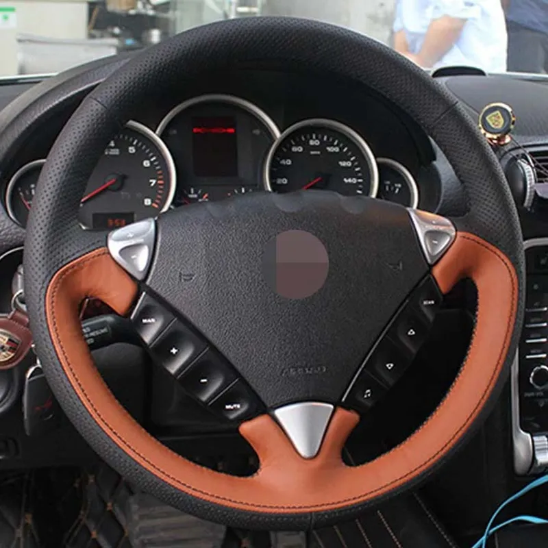 Capa de volante do carro antiderrapante costurado à mão capa de volante de carro preto couro genuíno para porsche cayenne 2006-2009241o
