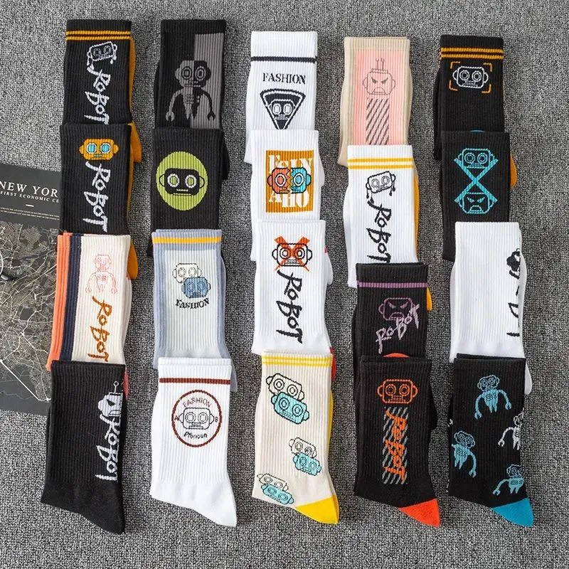 Men's Socks Autumn Crazy Set Cartoon Custom Black Funny Sports Pack Cotton Printed Cute Robot Calcetines Harajuku Chaussette Homme