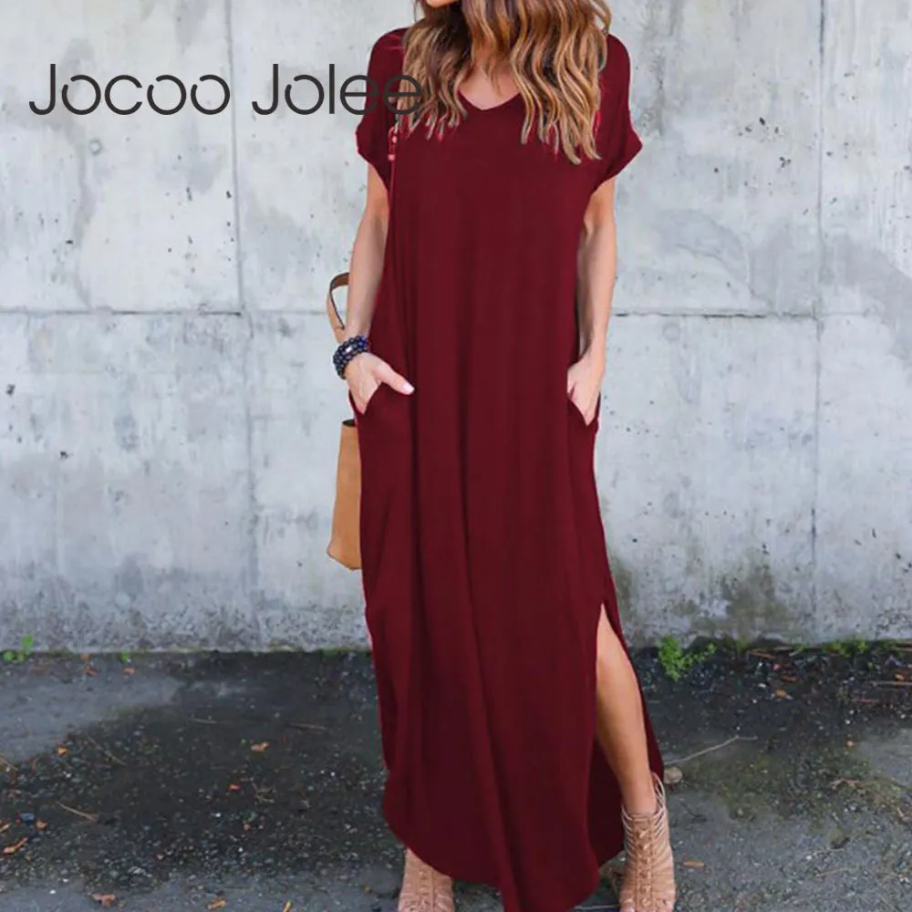 Jocoo Jolee Women Plus Size 5xl Długa Dress Vintage Krótki Rękaw Solid Sukienka Casual T Shirt Dress Summer Lose Sundress 2020 x0521 \ t