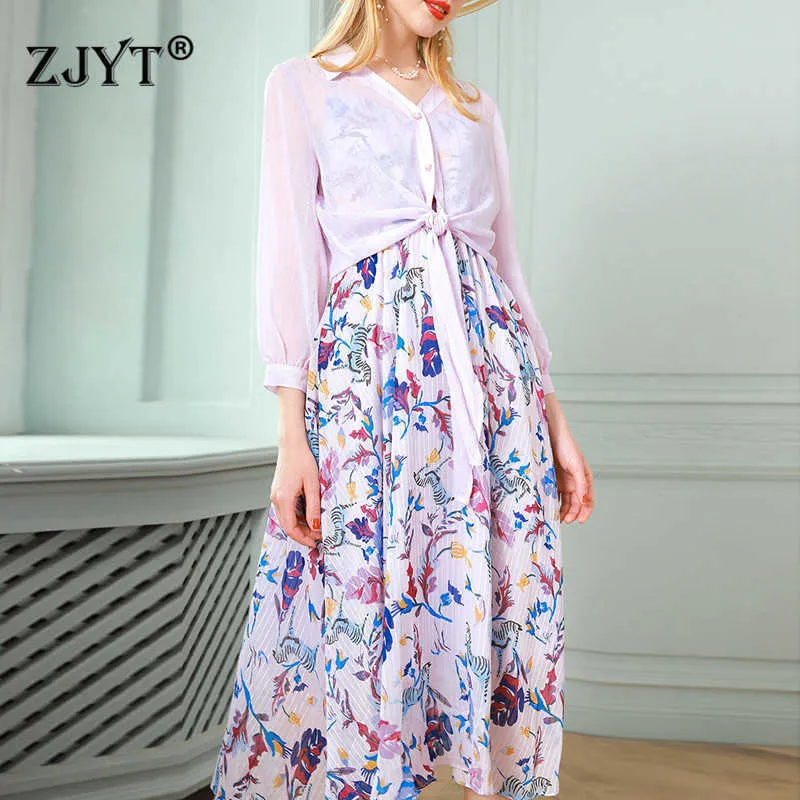 Mode Designers Spring Cople Elegant Kvinnor Långärmad Skjorta och Blomstryck Midi Strap Dress 2 Piece Suit 210601