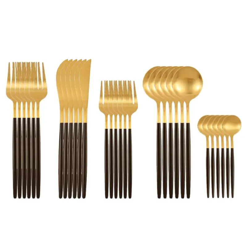 30 st matt svart guld rostfritt stål bestick set kniv gaffel sked silvervara porslin wedding födelsedag middag dinnerware 210928