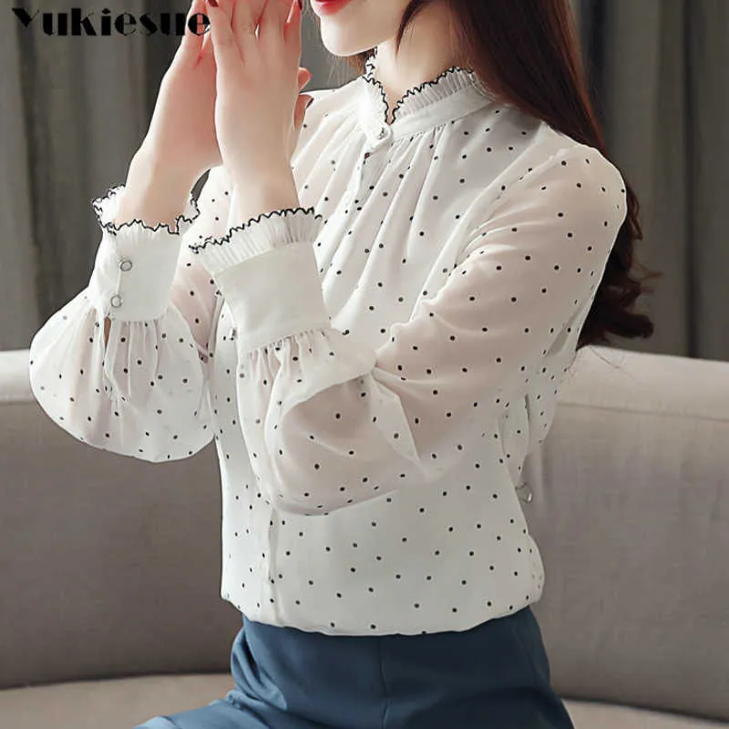 Fashion women chiffon blouse spring Long sleeve Puff blouse ruffles Chiffon lady shirt Dot pattern Lady blouse Plus size 210721