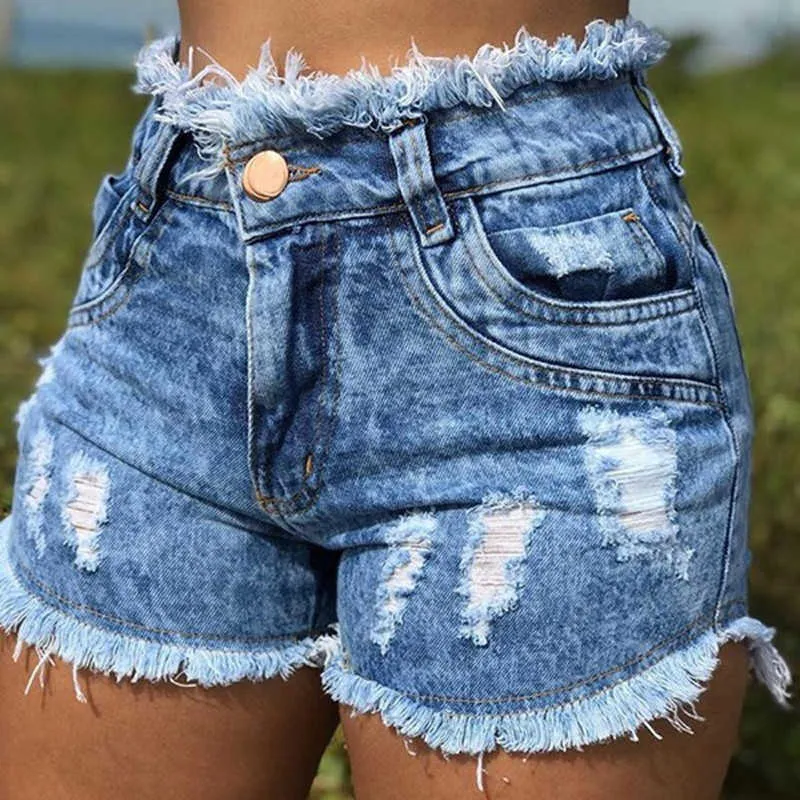 Hohe Taille -Denim -Shorts riss die Mode schlanke Sommer -Freizeitjeans Frauen W41 210526