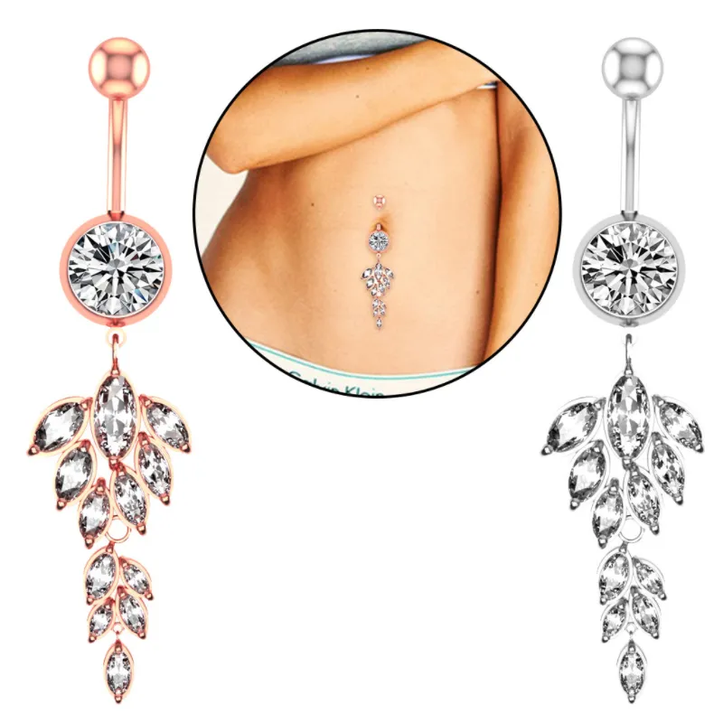 CZ Leaf Belly Button Ringar Kirurgisk Rostfritt Stål Kubik Zirconia Navel Barbell Stud Body Piercing