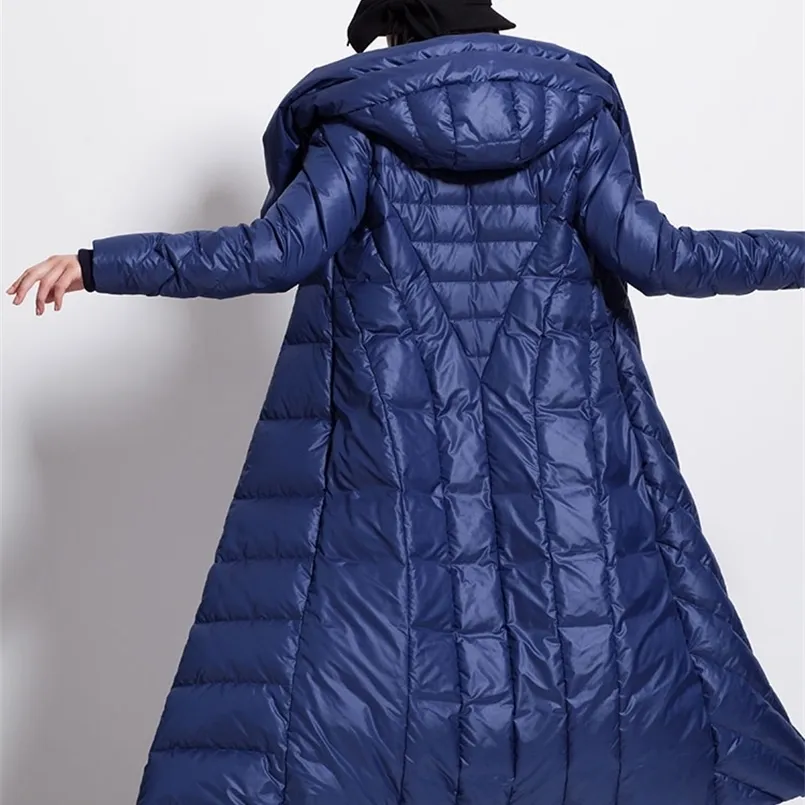 Abrigo de invierno para mujer impermeable largo grueso sombrero de gran tamaño negro azul oscuro chaquetas femeninas 210819