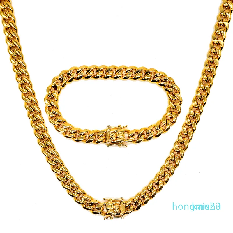 Amumiu Hip Hop Full Bling CZ Cubic Zirconia Jewelry Sets Cuban Chain Link Necklaces Bracelets Box Clasp Miami Cubra HZTZ183