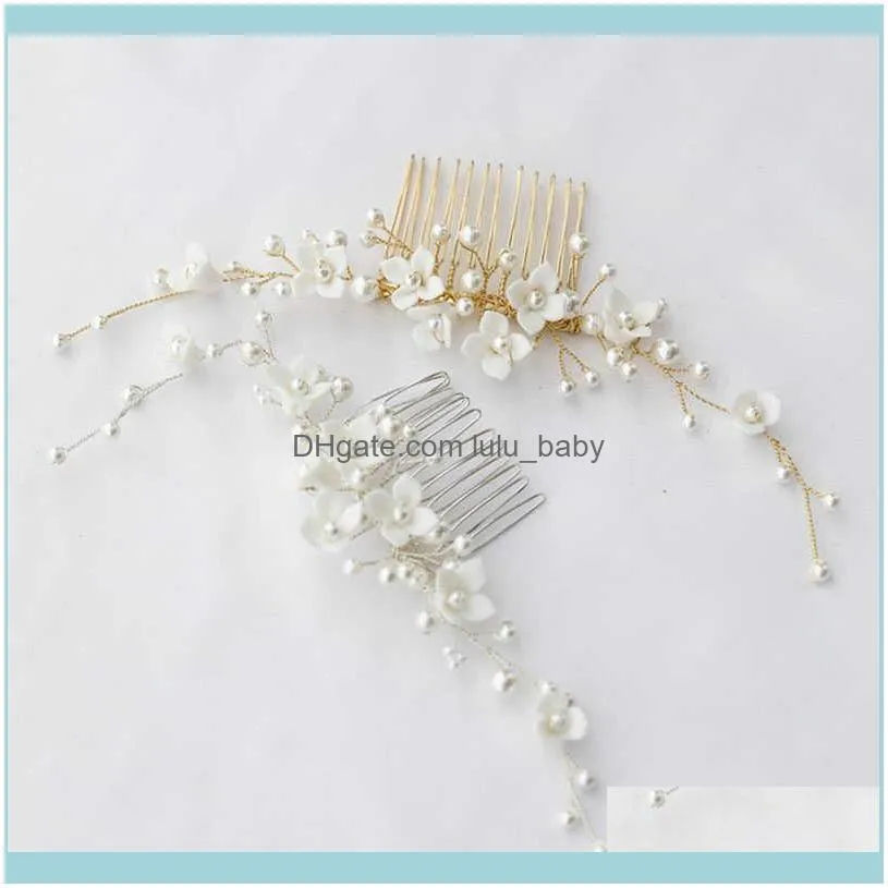 Floralbride Handmade Wired Alloy Pearl Ceram Flower Bridal Comb Wedding Headdress Hair AccessoriesBridesmaids Women Jewelry