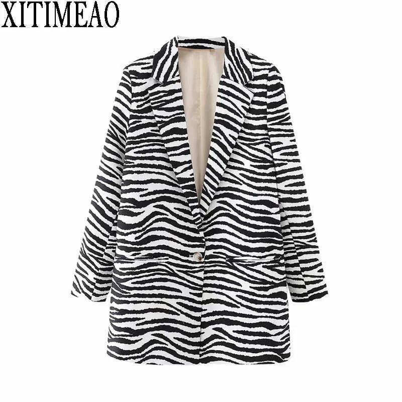 Xitimeao Women Fashion Office Wear One Knapp Blazers Coat Vintage Långärmad Svart Vit Textur Kvinna Chic Ytterkläder 210602