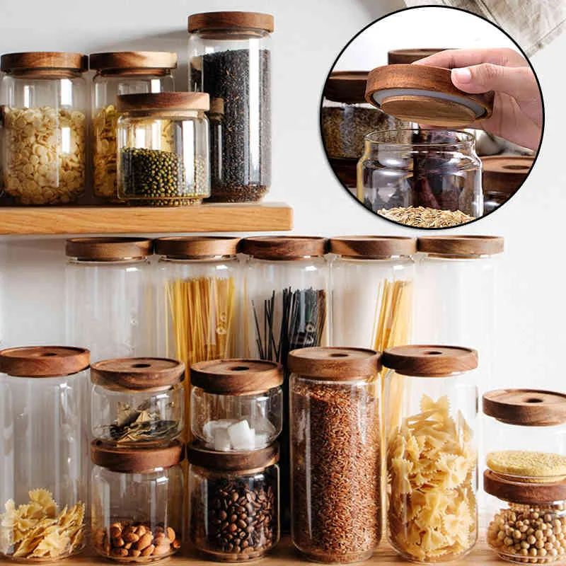 Glass Airtight Canister Clear Jars Cereal Container Food Bottles Coffee Tea Storage Jar Can with Wood Lids KI