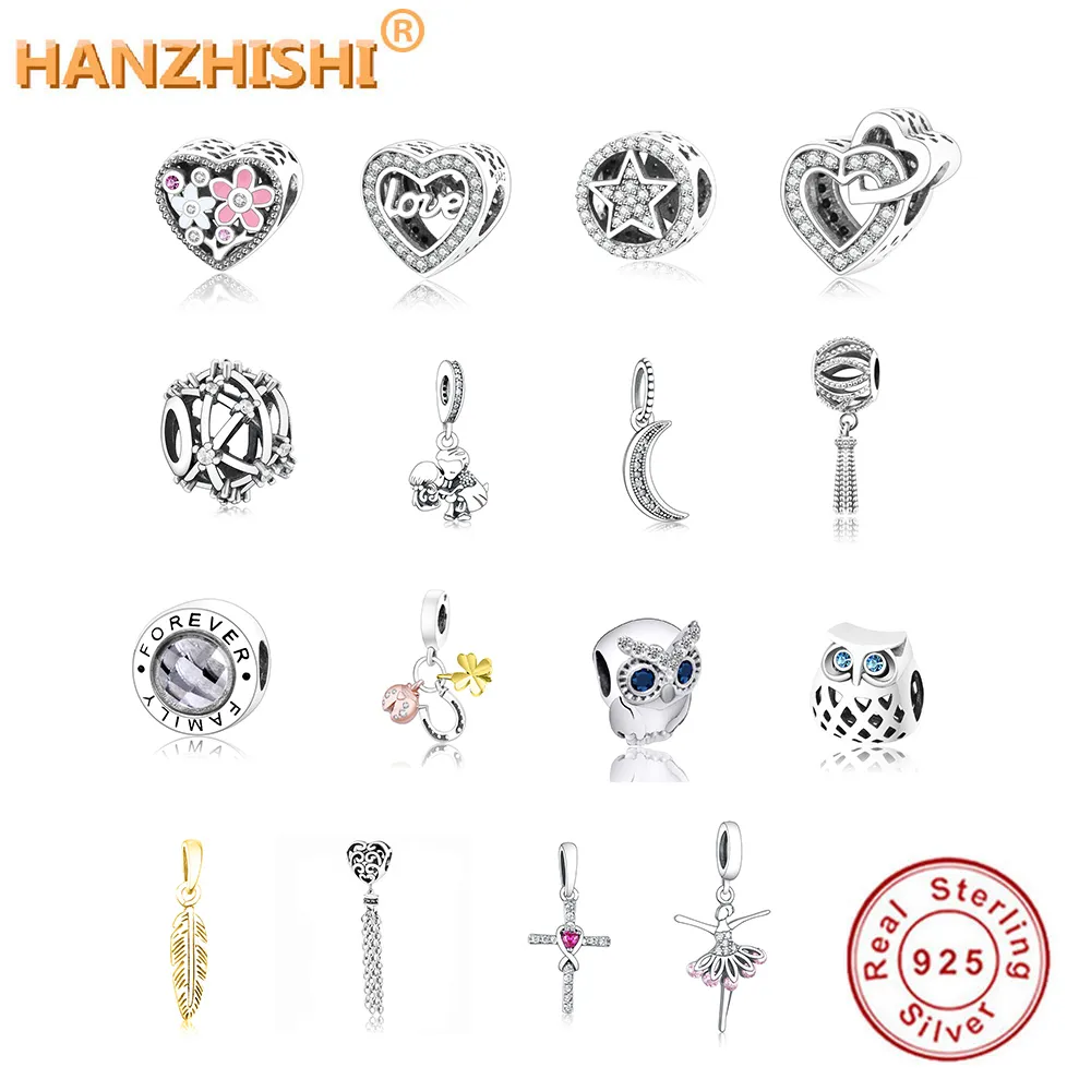 フィットオリジナルPandora Silver CharmsブレスレットDIYジュエリーファッション925スターリングシルバーフクロウ家族の木BOYムーンハートビーズチャームQ0225