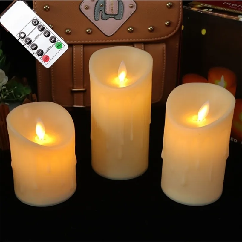 Lot de 3 bougies sans flamme LED à mèche mobile télécommandées, pilier à piles scintillant avec flamme réaliste 211222