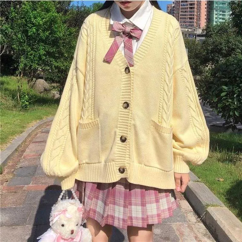 Dulce y lindo Kawaii Girl Knit Sweater Lazy College Style Loose Puff Manga Harajuku Girl JK Uniforme Suéter Cardigan Chaqueta Y0825