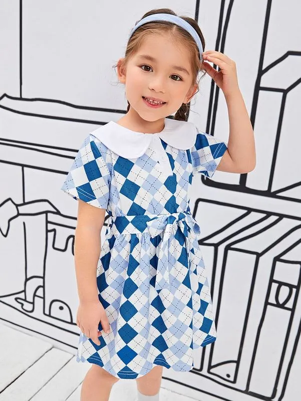 Robe ceinturée à col tendance contrasté imprimé Argyle pour petites filles SHE