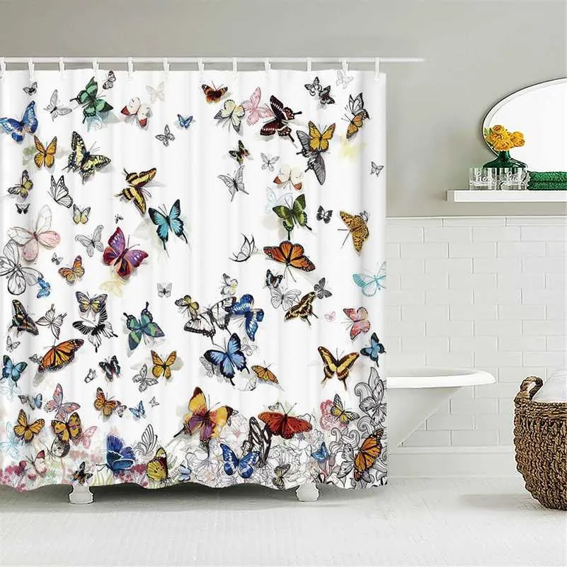 Färgglada fjärilsfjädrar 3d dusch gardiner Badrum gardin med krokar Vattentät 180x240 Polyester tyg dekoration skärm 211116