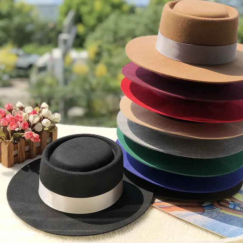 Cor sólida unisex vintage liso top boater chapéu tampão 100% lã lisa borda fedora chapéus com fita para mulheres homens atacado
