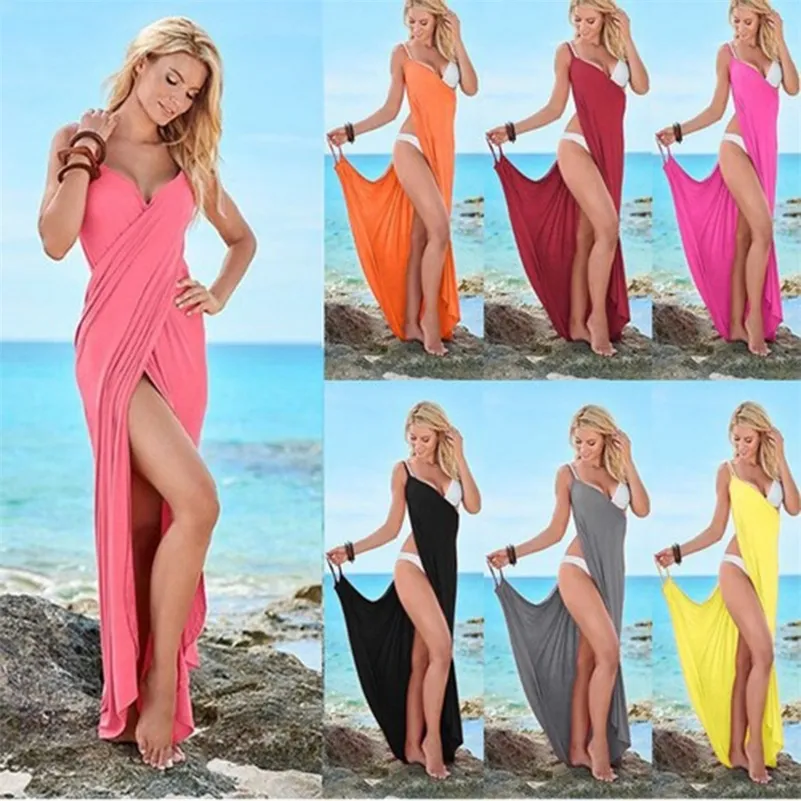 Neue Mode Frauen Rote Farbe Sling Backless Bademode Schal Strand Cover Up Wrap Sarong Langes Kleid Unendliche Tragen Maxi Kleider 210309