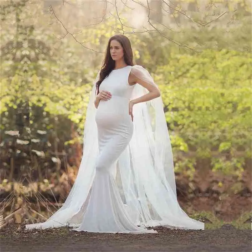 Lång Tulle Cape Maternity Pogrpahy Dress Baby Shower Stretchy Vit Ärmlös Graviditet Kvinna Po Shoot 210922