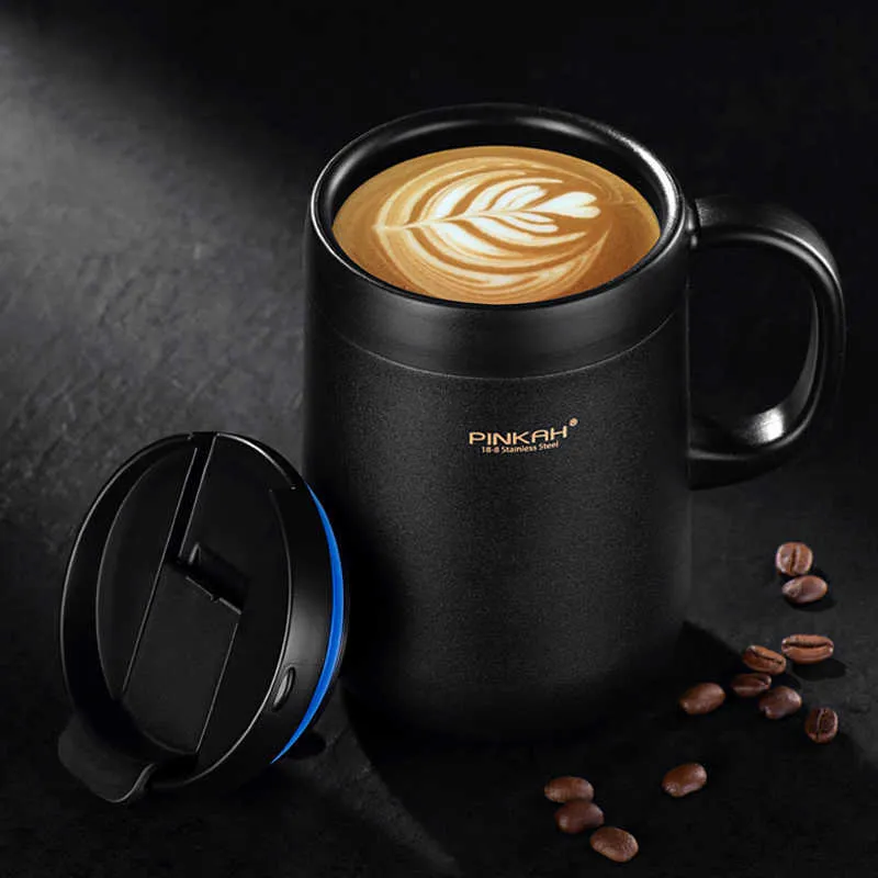 Pinkah Coffee Thermo Mug 350ml 460mlのオフィスの真空フラスコ家の魔法瓶カップギフトとして絶縁されたハンドル付き210615