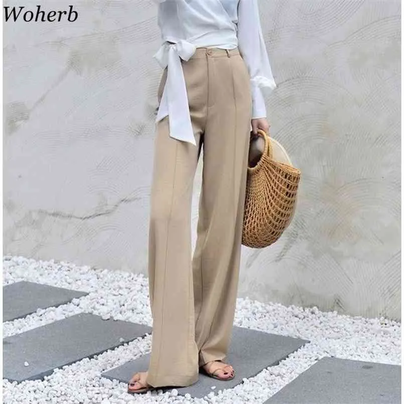 woherb modis Summer Wide Leg Pants Women elastic High Waist Palazzo streetwear Elegant Office Ladies Trousers 22507 210915