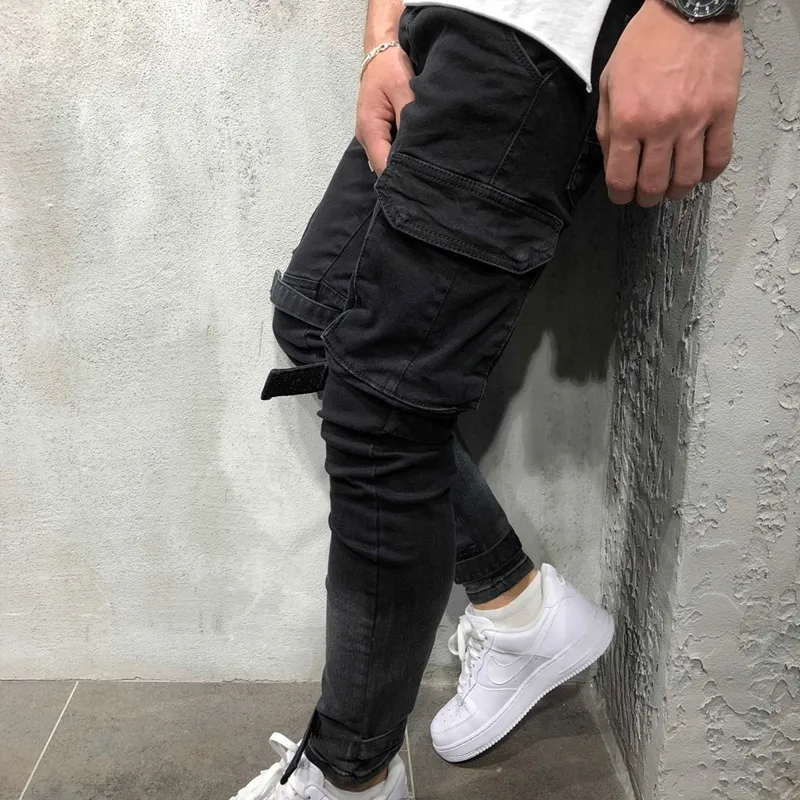 Olome helt nya män Multi-Pocket Biker Jeans Male Slim Cargo Joggers Trousers For Mens Black Color Streetwear Swag Denim Pants T202241