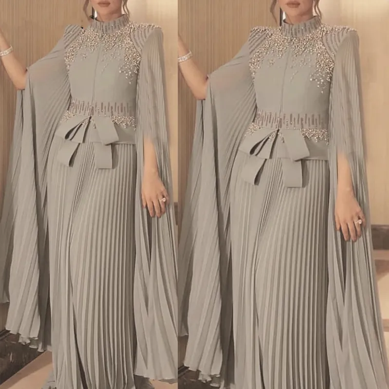 Muslim Arabic Dubai Kaftan Chiffon Pleats Formal Evening Dresses Pearls Beaded High Neck Elegant A Line Prom Party Gowns Bow Moroccan Caftan Floor Length