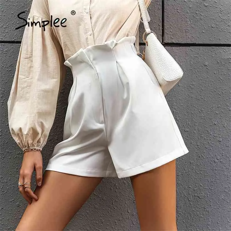 Ruffled Zipper Sólida Mulheres Soltas Shorts Cintura Alta Cintura Branco Curto Casual Verão Fundo Feminino 210719