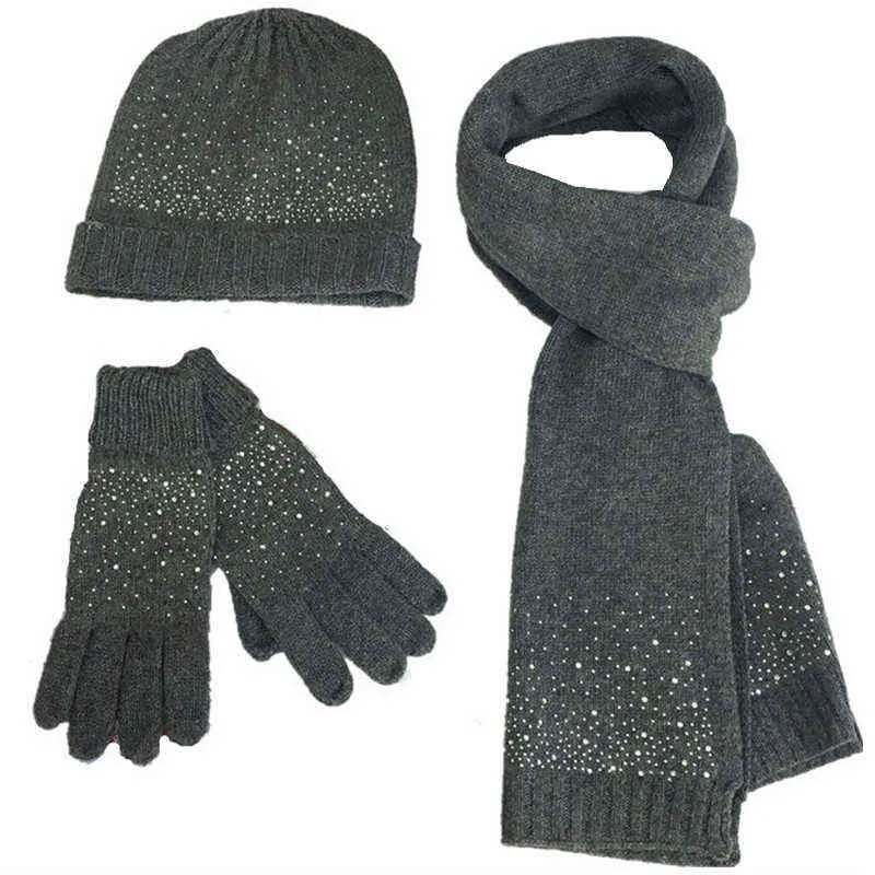 Nieuwe winter vrouwen wol dikke hoed sjaal handschoen 3 stks set solide gebreide hoeden caps nekwarmers handschoenen met acryl strass