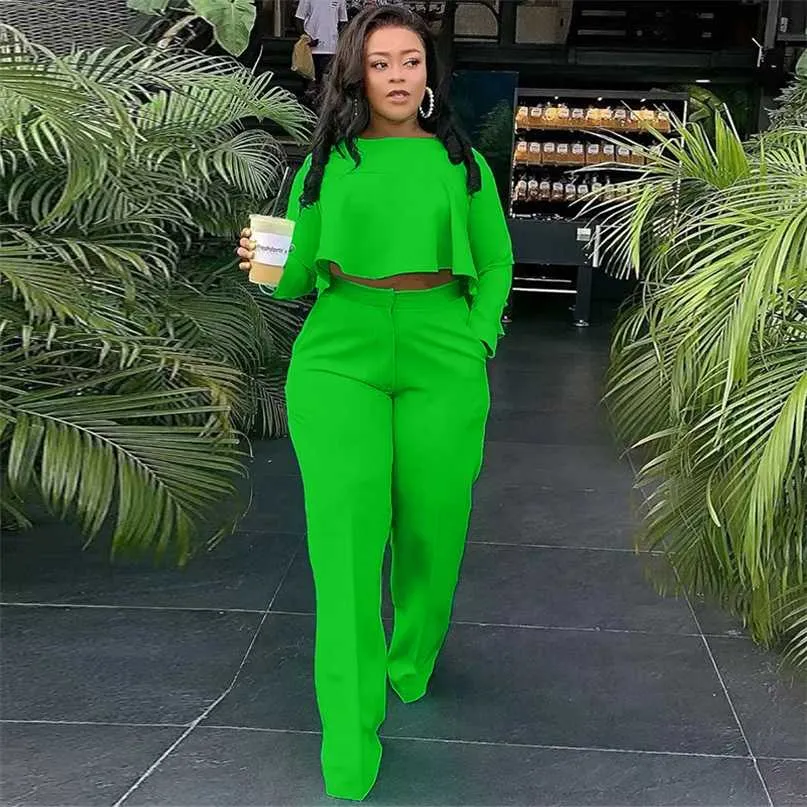 Women Sets Solid Color Tracksuits Fall Winter Outfits Long Sleeve Crop Top+Wide Leg Pants Two Piece Set Plus Size Sportswear 211105