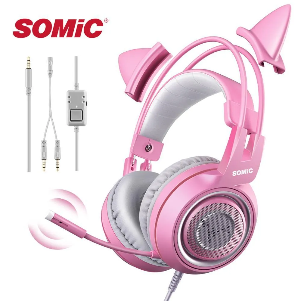 Somic Kablolu Kedi Kulak Kulaklık Mikrofon Ile Sevimli PC 3.5mm Gaming Telefon PS4 Overear Gamer G951S Pink