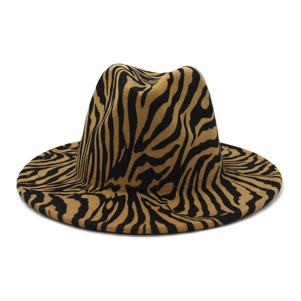 Kvinnor unisex ullfilt Fedora hattar vinter höst bred brim party trilby panama hatt mode zebra mönster jazz cap