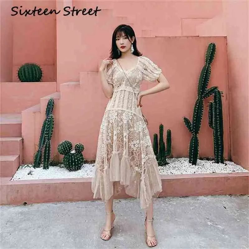 Lace Long Women Dress Mid-Calf Beige Female Vestidos Verano Vintage Lady Evening Party V-neck es Summer 210603