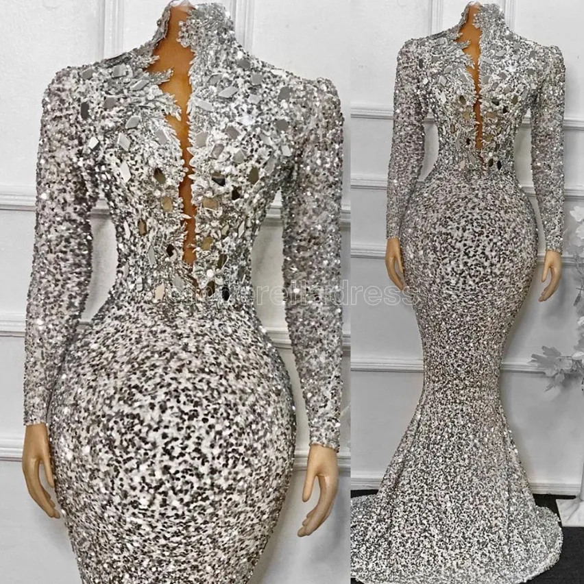 2022 Afrykańskie cekiny sukienki wieczorowe długie rękawy Syrenka Kobieta Formalna sukienka imprezowa Błyszcząca koralikowa skocznia na balus246i