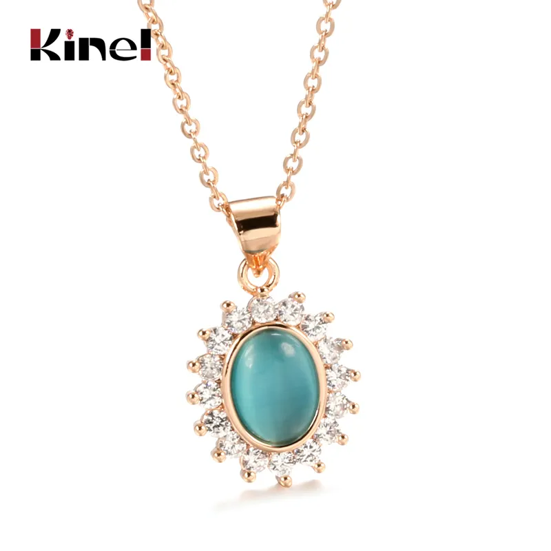 KINEL 585 Gül Altın Doğal Zirkon Charms Neckalce Moda Kadınlar Mavi Opal Zincir Gerdanlık Avrupa Parti Güzel Takı