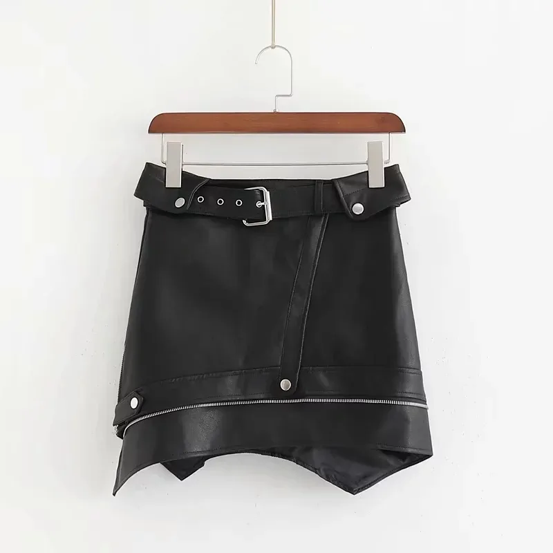 Sexy Asymmetry Fur Leather Skirts Womens Zipper Punk Rock