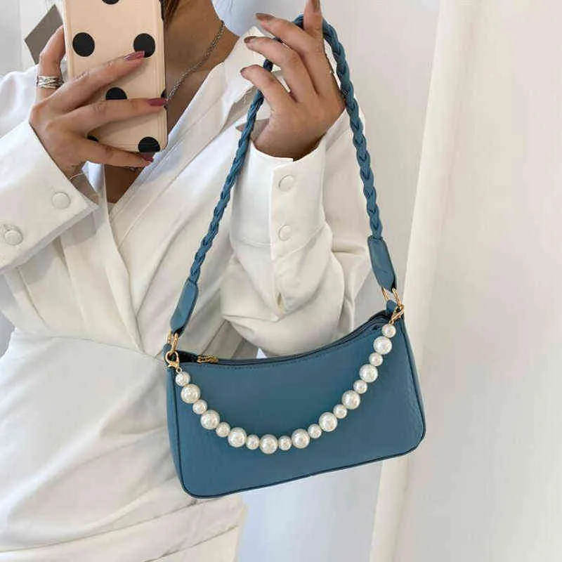 Shopping Bags New Braided Strap Shoulder Fashion Pearl Handbags Solid Underarm for Women Pu Leather Lady Hand 220315