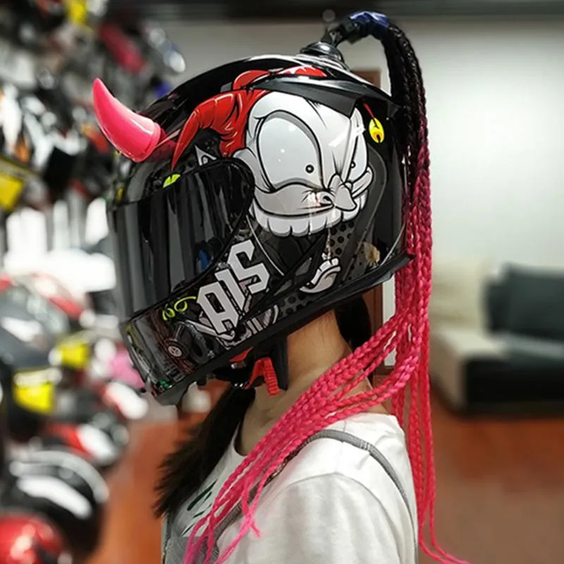 Cascos de la motocicleta Casco Hombres Mujeres Casco Moto Double Visor Full  Face Motocross Motocrs Motorbike Capacete con trenza