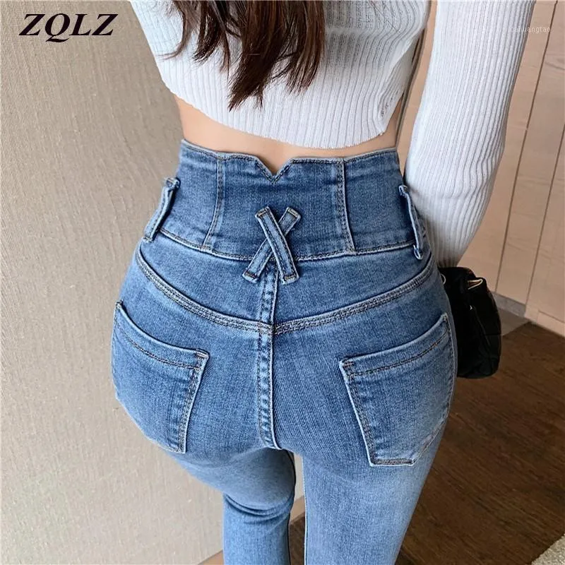 Mode hög midja denim skinny jeans kvinnor 2021 koreanska sexiga penna byxor kvinnliga streetwear highwaist jean byxor kvinna kvinnor