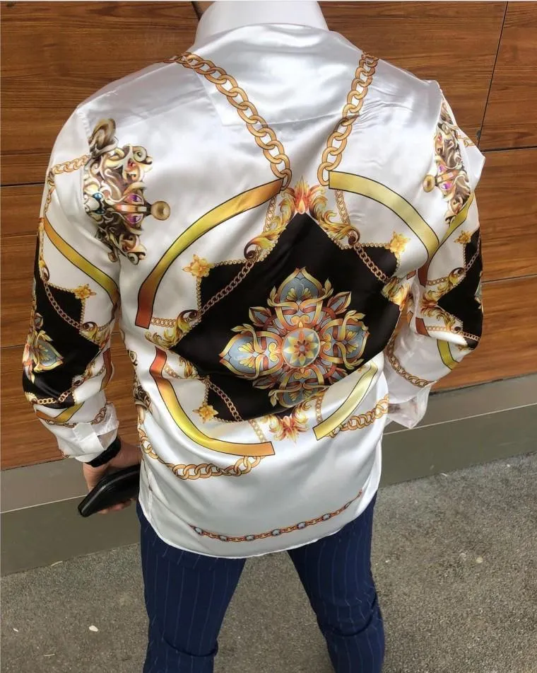 Men's Casual Shirts Deluxe Gold Suit Silk Satin Digital Printed Shirt Slim Length Long Sleeve Party Top M-3XL247w