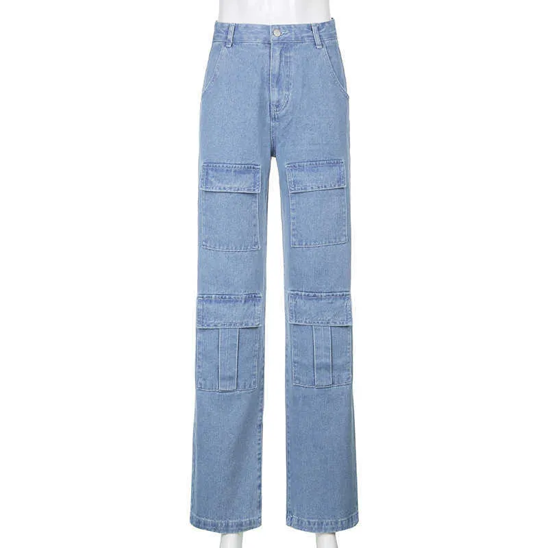 Vintage Patchwork Wide Leg Cargo Jeans Women With Big Pockets For